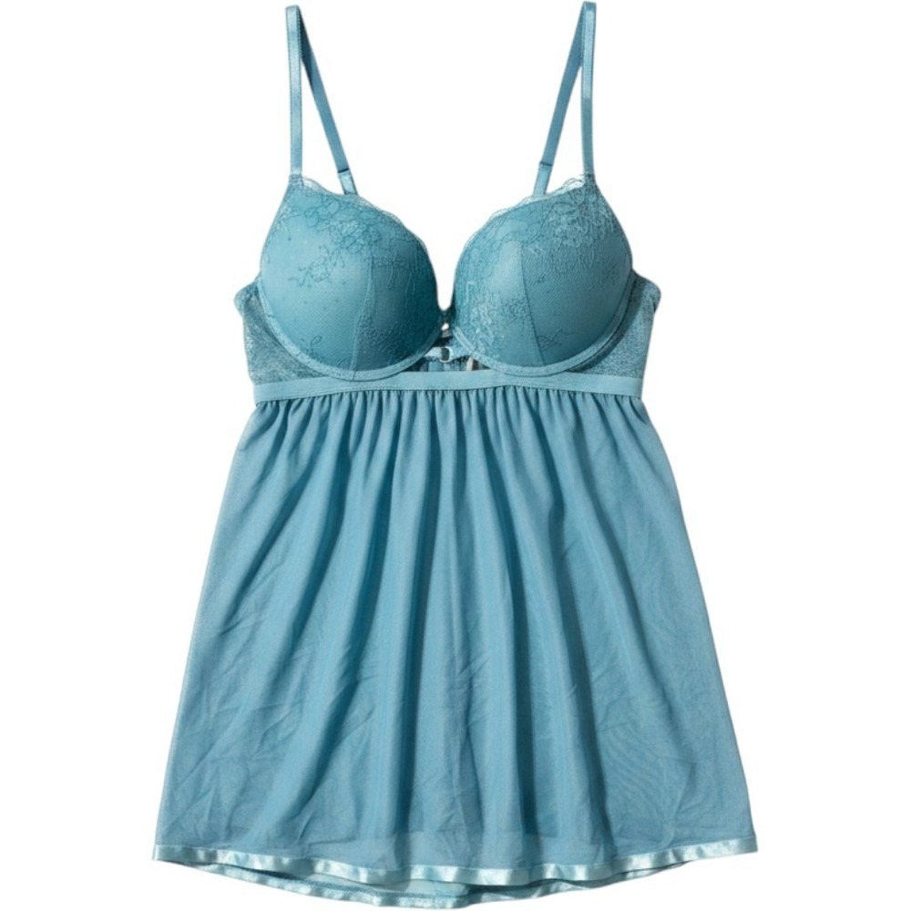 Daisy Fuentes Flirty Babydoll Set Teal Blue Lace Push Up Mesh XL New With Tags